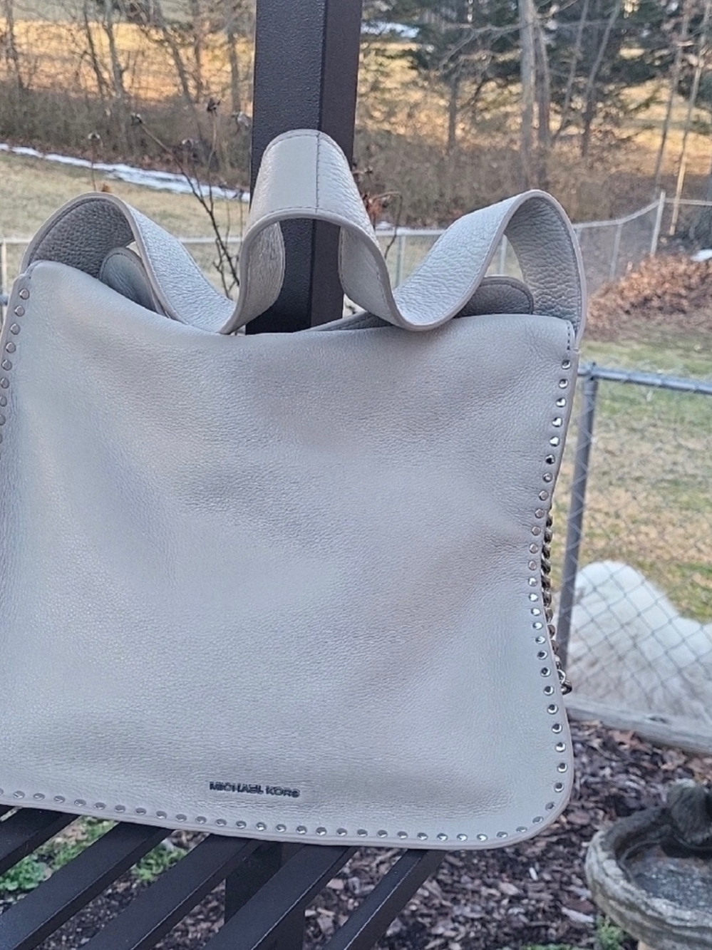 Michael Kors Light Gray Pebbled Leather Shoulder Bag with Stud Trim